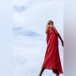 Innika Choo Women's Tie Shoulder Red Eyelet Tube Cottage Maxi Dress- Size Large